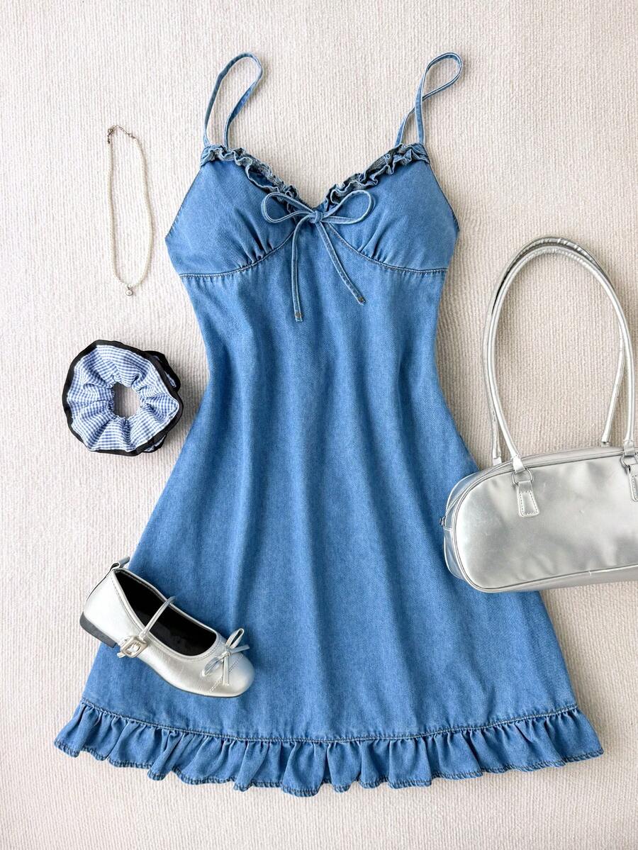 Soleia Vestido vaquero casual de verano con tirantes con volantes para mujer