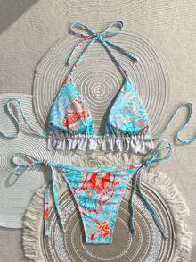 Swim Mod 女款 2 件式貝殼印花泳衣附貝殼裝飾，時尚簡約海灘度假套裝，夏季 - 彩色 - 查看 2