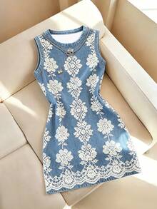 Franclia Denim Effect & Lace Digital Print Round Neck Mid-Length Dress For Women - Multicolor - View 3
