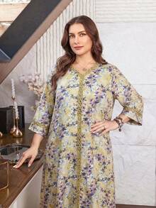 Lacomfia Casual All-Over Print V-Neck Ruffle Trim 3/4 Sleeve Loose Regular Spring/Autumn Plus Size Dress - Multicolor - View 4
