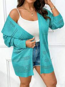 Áo khoác cardigan dệt kim màu trơn dáng rộng, kiểu dáng thường ngày, cỡ lớn. - Màu xanh Cadet - Xem 3