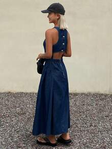 DAZY Đầm denim nữ không tay hở lưng kiểu dáng thường ngày cho mùa hè - Màu xanh lam - Xem 2