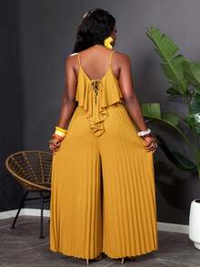 Reflora Plus Size Women Solid Color Backless Tie Pleated Wide Leg Jumpsuit - Yellow - View 3