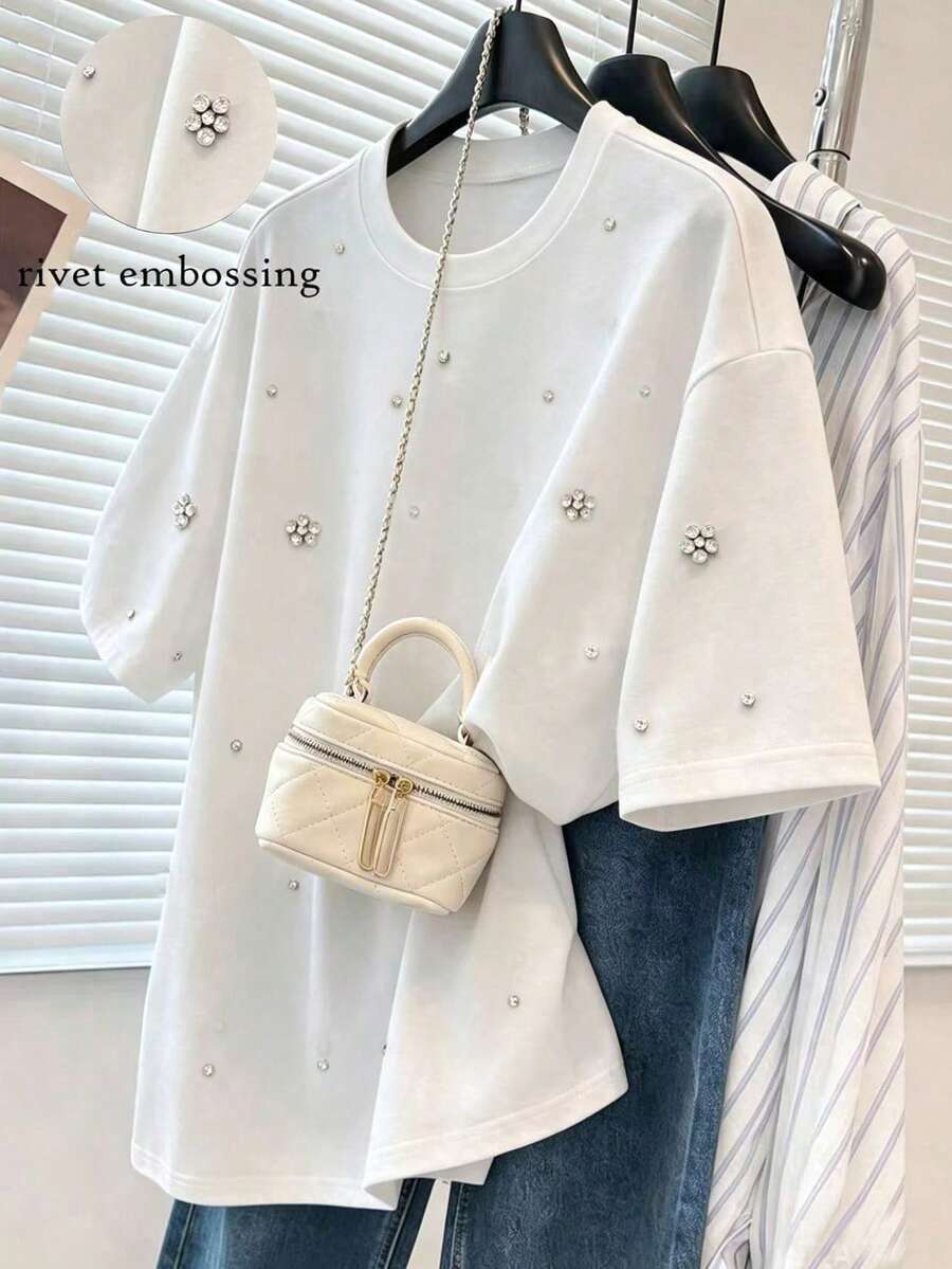 Franclia Kaos Longgar Kasual Baru dengan Hiasan Berlian Imitasi untuk Wanita - Putih - View 1