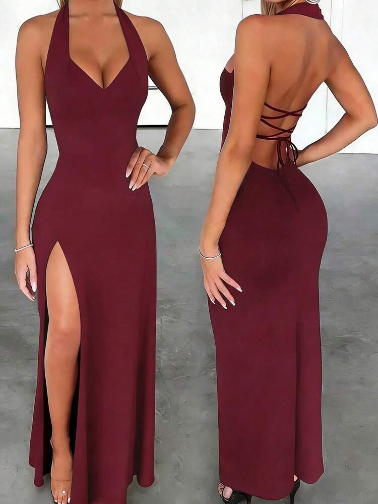 INAWLY Solva Women's Deep V-Neck Halter Tie Backless High Slit Maxi Dress