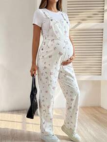SHEIN Bộ áo liền quần họa tiết hoa nhí dành cho bà bầu - trắng - Xem 6