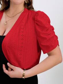 SHEIN Clasi Plus Size Fashionable Elegant White Lace Cropped Short Sleeve Cardigan Jacket,Black And Red,Wedding Guest,Spring Summer Office Outfits Work Blouses - Red - View 1
