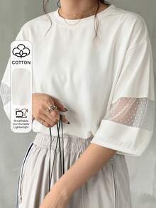 FRIFUL Women's Summer Casual Mesh Patchwork T-Shirt - White - View 1
