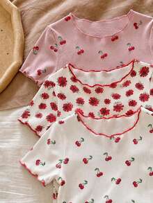 Pijama de niña bebé con estampado de dibujos animados y volantes en el bajo, conjunto de varias piezas, adecuado para el verano - Multicolor - Ver 6