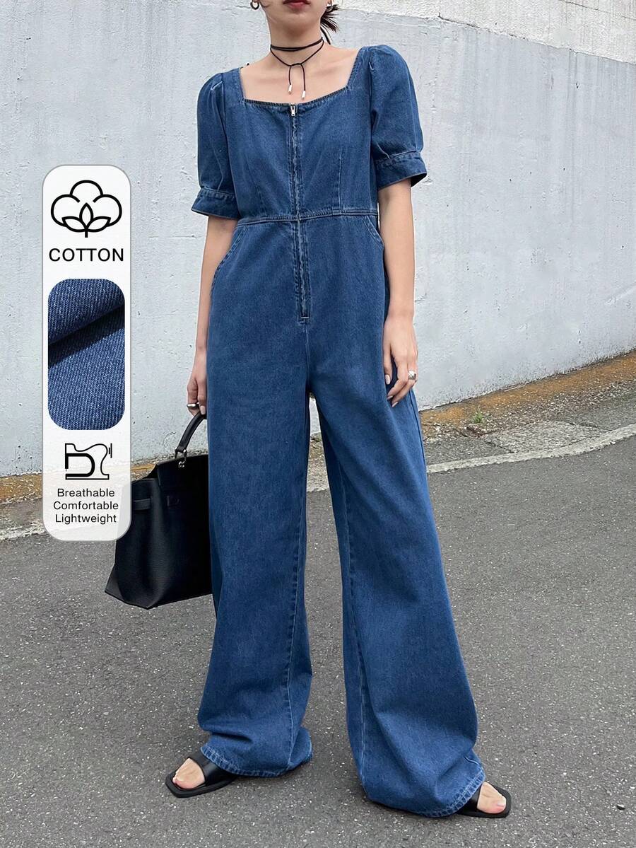 FRIFUL Mono vaquero casual para mujer, primavera/verano - Azul - Ver 1