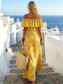 Breezaya Women's Summer French Elegant Breezy Boho Casual Off-Shoulder Asymmetrical Ruffle Waist Slimming Long Yellow Floral Print Vacation Dress Beach - Yellow - View 2