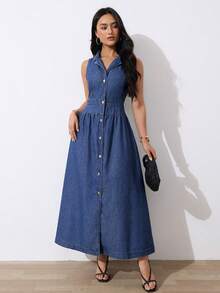 SHEIN Tall Vestido midi de mezclilla con botones y sin mangas con cuello para mujer alta de SHEIN, atuendos casuales, elegantes y de uso diario para mujeres en verano - Azul lavado oscuro - Ver 8