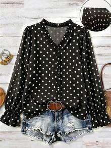 Linhara Plus Size Fashionable Ruffled Polka Dot Chiffon Long Sleeve Casual Shirt, Brown, Suitable For Summer Leisure & Holiday - Black - View 1