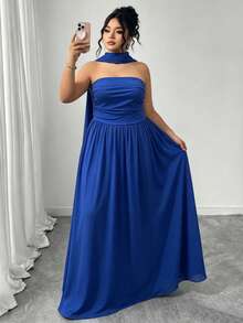 INAWLY Plus Size Women Solid Color Ruched Bandeau Dress - Blue - View 5