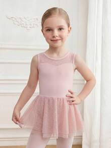 SHEIN Đầm múa ba lê tay ngắn màu hồng voan cho bé gái, thiết kế xếp ly phía trước, nơ xinh xắn phía sau, chân váy voan mềm mại và nhẹ, co giãn và thân thiện với da, thích hợp cho khiêu vũ, yoga và thể thao, phù hợp cho mọi mùa. - Hồng - Xem 7