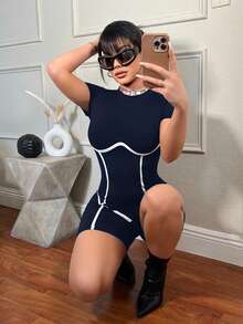 SHEIN SXY 女款拼色修身日常休閒連身褲 - 藏蓝色 - 查看 4