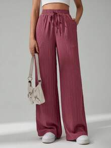 SHEIN Tall CURVE Quần dài nữ cỡ lớn, màu trơn, cạp chun co giãn. - Màu đỏ tím - Xem 6
