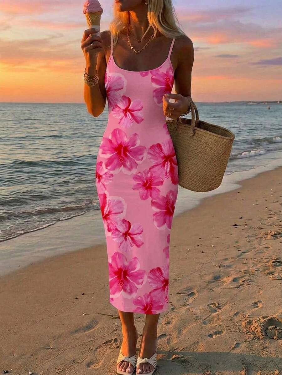 SHEIN EZwear Đầm hai dây ôm sát in họa tiết hoa vẽ tay màu hồng nhuộm tie-dye, thích hợp cho mùa hè, kỳ nghỉ, phong cách thường ngày và tối giản. - Nhiều màu - Xem 1
