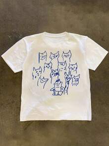Glimmora Men's Loose Fit Short Sleeve T-Shirt, Cat Graphic Design, Casual Minimalist Style, Suitable For Commuting, Outdoor Activities In Summer - White - View 1