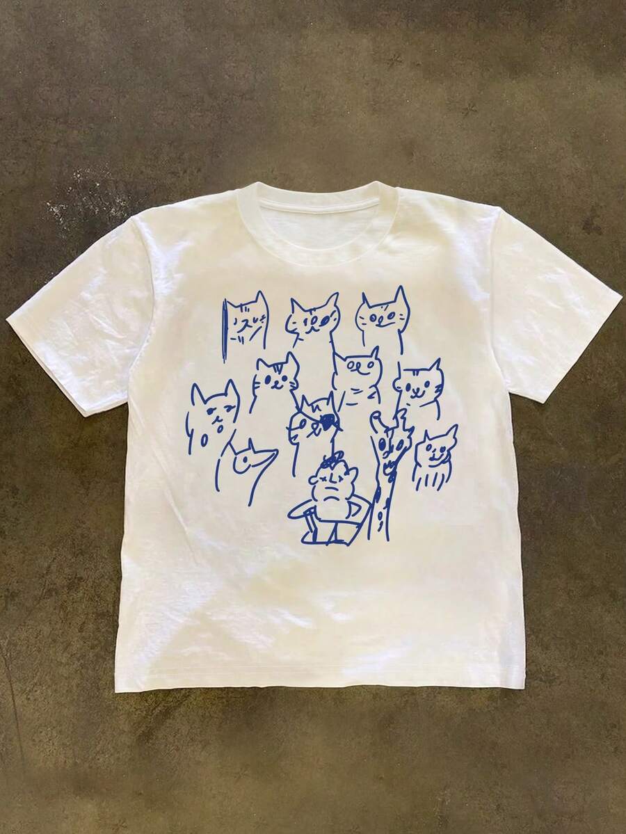 Glimmora Men's Loose Fit Short Sleeve T-Shirt, Cat Graphic Design, Casual Minimalist Style, Suitable For Commuting, Outdoor Activities In Summer - White - View 1