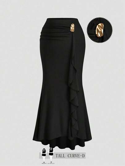 SHEIN Tall CURVE Black High-Waisted Mermaid Skirt, Designed For Tall Plus Size Women. Featuring Ruffle Trim And Gold Buttons On The Side, Elegantly Accentuating The Figure. Suitable For Formal Occasions Such As Galas, Weddings, And Formal Events.