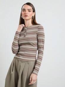 COUREZ Striped Long Sleeve Henley Neck Top/Y2K Autumn Women's Clothing Autumn Outing Outfit Women's Autumn Top Outing Top Cute Top Women's Top - Multicolor - View 4