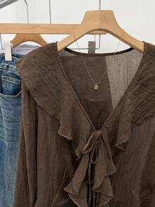 Muvela Women's Casual Sheer Ruffle Trim Front Tie Bell Sleeve Blouse, Spring/Summer,Summer Top Elegant - Brown - View 6