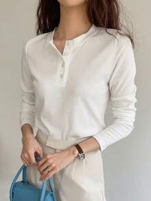DAZY Quarter Button Rib Knit Tee,Fall Clothes Long Sleeve Women Tops - White - View 5
