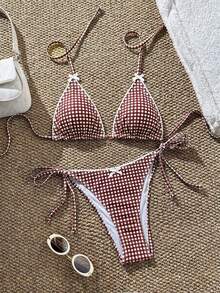 Swim Mod 女士夏季沙滩度假格子印花荷叶边蝴蝶结露背性感比基尼套装 - 紅白色 - 查看 3