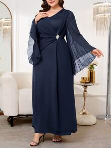 Reflora Plus Size Women V-Neck Faux Pearl Decor Ruched Casual Elegant Party Dinner Formal Wedding Guest Dress Navy Blue Autumn Fall - Navy Blue - View 5