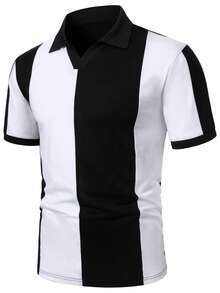 Calvornis Men's Black And White Striped Polo Shirt, Summer Casual Short Sleeve Color Block Top For City Break, Old Money Style Vintage Golf Polo Shirt , Gift, Ceremony - Black and White - View 4