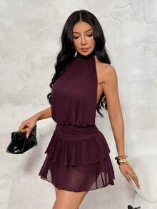 SHEIN PETITE Đầm ngắn nữ gợi cảm và thanh lịch với cổ yếm, xếp ly và viền bèo nhún. - Màu tím - Xem 4