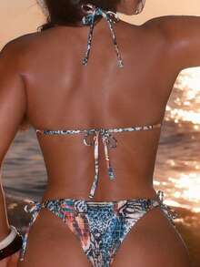 Swim SXY Bộ bikini họa tiết da báo mới năm 2026, áo tắm cổ yếm gợi cảm. - Nhiều màu - Xem 2
