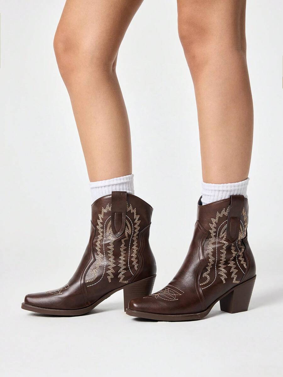 ROMWE Fairycore 2026 New Women's Small Square Toe Solid Color Thick Heel Fashion Sleeve Ankle Boots Western Boots And Ankle Boots - Coffee Brown - View 1