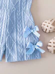 SHEIN Playful Pals 女婴休闲无袖弹力腰短款连体衣，纹理面料，蝴蝶结装饰，夏季蓝色 - 藍色 - 查看 5