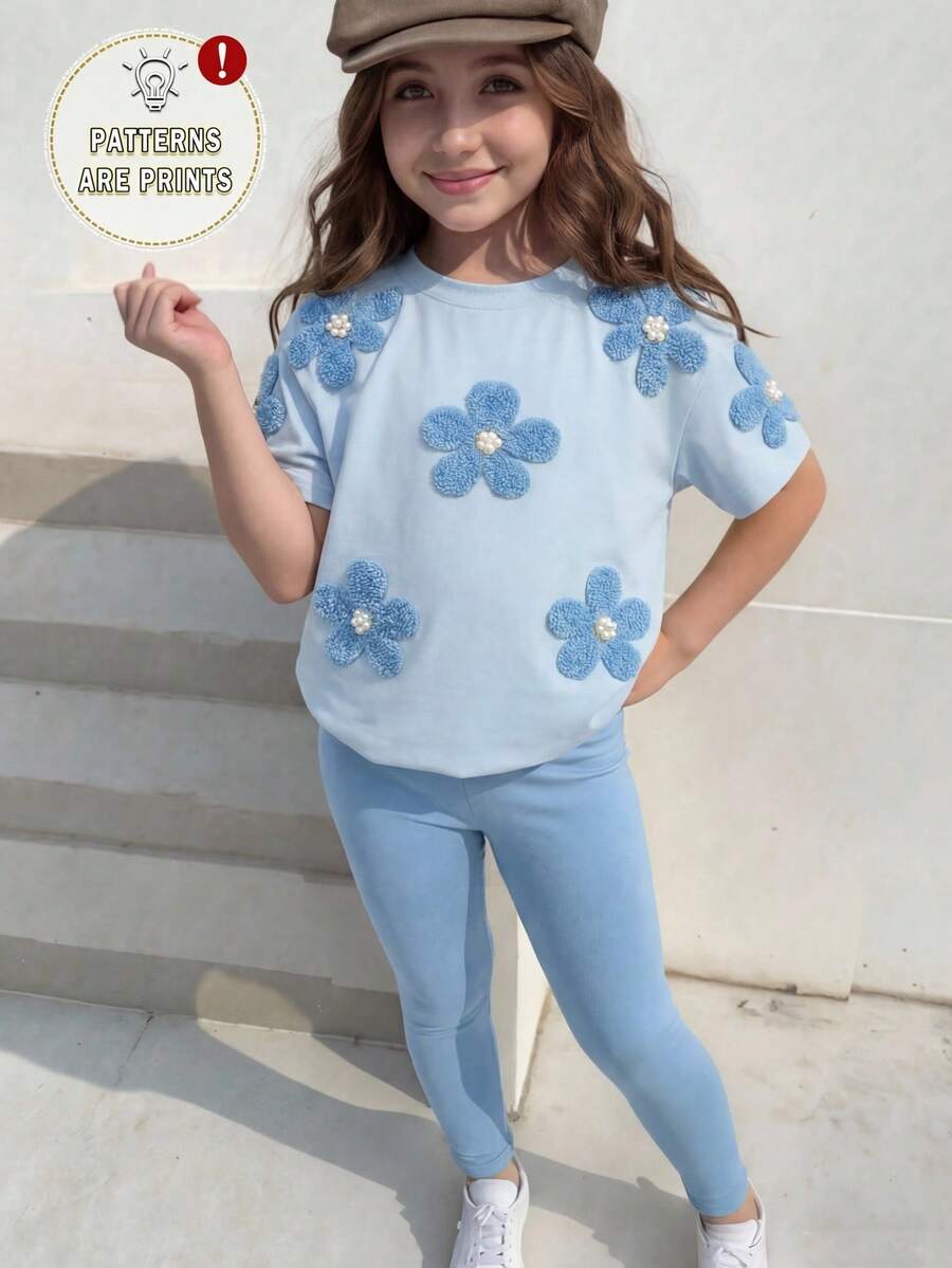 1 Set Tween Girls Light Blue Summer Outfit,Cute Floral Pattern Short Sleeve T-Shirt And Leggings Set,Casual Minimalist School Outfits For Kids - Multicolor - View 1