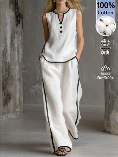 EMERY ROSE Conjunto casual de 2 piezas para mujer: Top con botones y pantalones en bloques de color