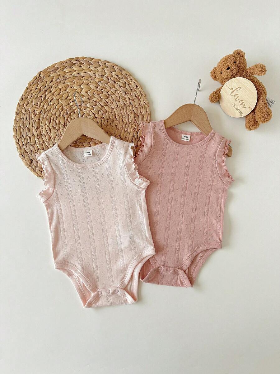 2件套新生女宝宝夏季可爱纯色荷叶边连体衣套装 - 粉色 - 查看 1