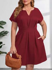 Clasi Vestido de verano elegante para mujer de talla grande con cuello con muesca y lazo en la cintura, vestidos de verano para mujer, vestido negro, vestido de graduación, vestidos fo - Burdeos - Ver 7