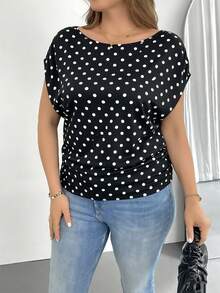 Shapeblank Plus Size Women's Casual Retro Polka Dot Pattern Fabric T-Shirt, Suitable For Summer, Black - Black - View 4