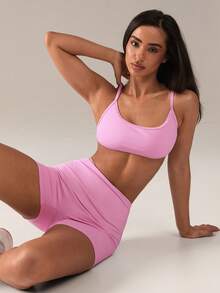 SHEIN BAE Damen Einfarbiges minimalistisches Basic Tank Top und enge Shorts Sport Set - Pink - Übersicht 3