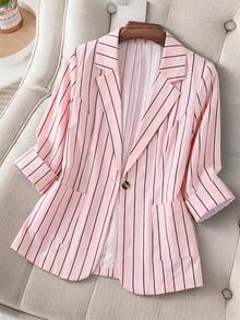 EMERY ROSE Áo blazer nữ cỡ lớn mùa xuân/thu, kiểu dáng thường ngày/công sở, họa tiết kẻ sọc, cổ ve lật, chất liệu nhẹ. - Màu Hồng baby - Xem 1