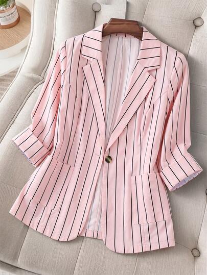 EMERY ROSE Áo blazer nữ cỡ lớn mùa xuân/thu, kiểu dáng thường ngày/công sở, họa tiết kẻ sọc, cổ ve lật, chất liệu nhẹ.