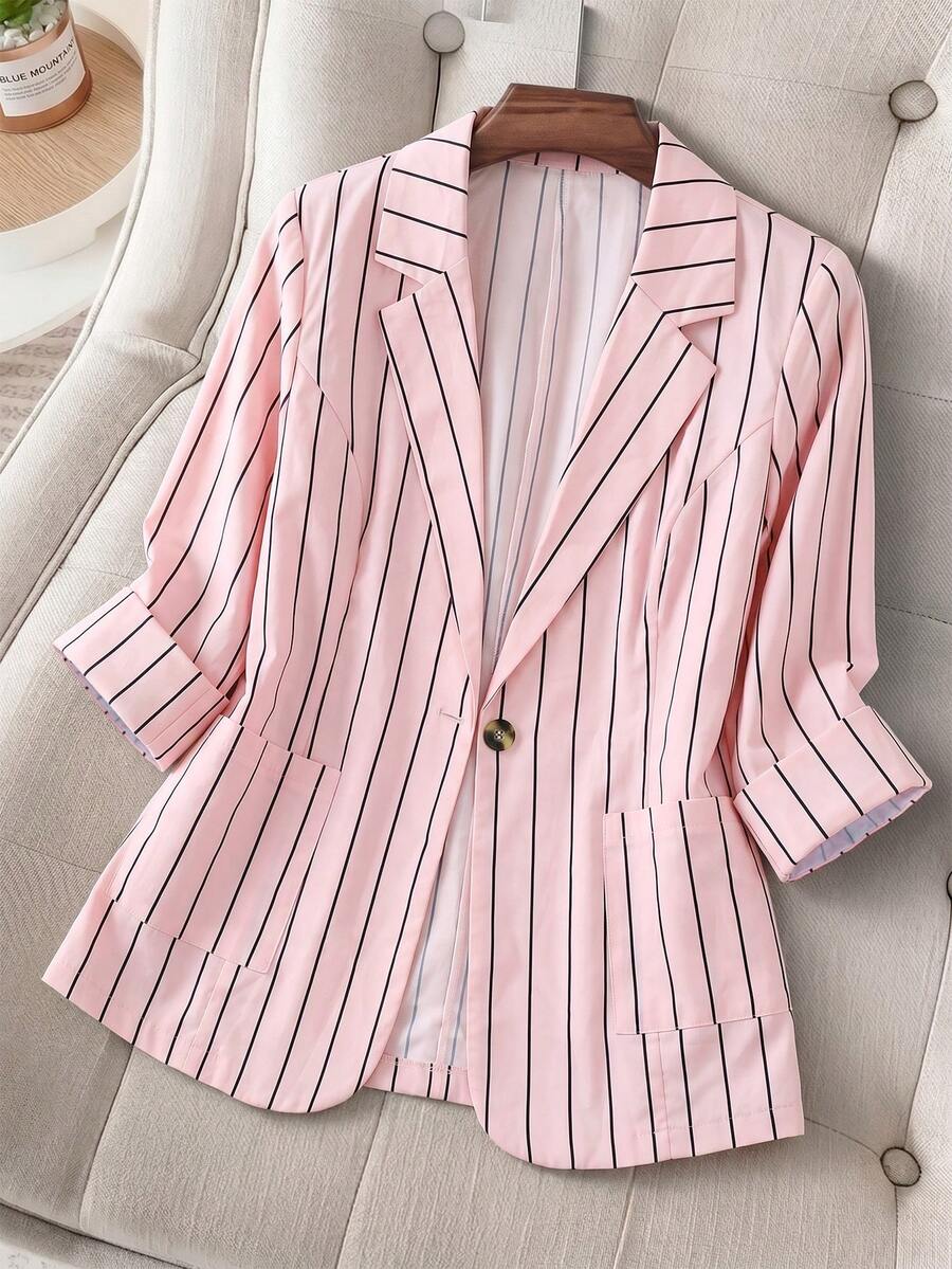 EMERY ROSE Áo blazer nữ cỡ lớn mùa xuân/thu, kiểu dáng thường ngày/công sở, họa tiết kẻ sọc, cổ ve lật, chất liệu nhẹ. - Màu Hồng baby - Xem 1