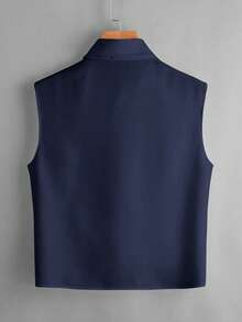 Rusticease Solid Button Front Sleeveless Shirt,Casual - Navy Blue - View 3