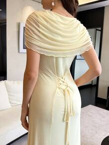 Modelyn Vestido elegante con volantes y lazo en la espalda de gasa amarillo pálido, vestido de novia maxi de estilo francés elegante para mujeres - Amarillo claro - Ver 5
