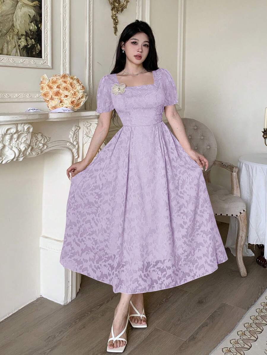 Modelyn Đầm xòe nữ khoét eo với họa tiết hoa 3D. - Màu tím hoa cà - Xem 1