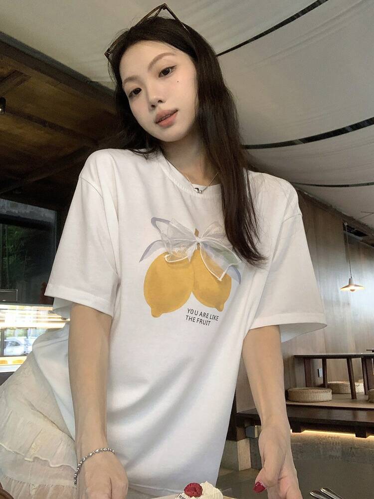 Women's Round Neck Letter & Fruit Print Casual Versatile Daily Wear Short Sleeve T-Shirt Graphic Tees Women