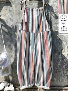 EMERY ROSE Plus Size Loose Minimalist Vertical Striped Tie Strap Jumpsuit, Casual Holiday Outfit - Multicolor - View 1