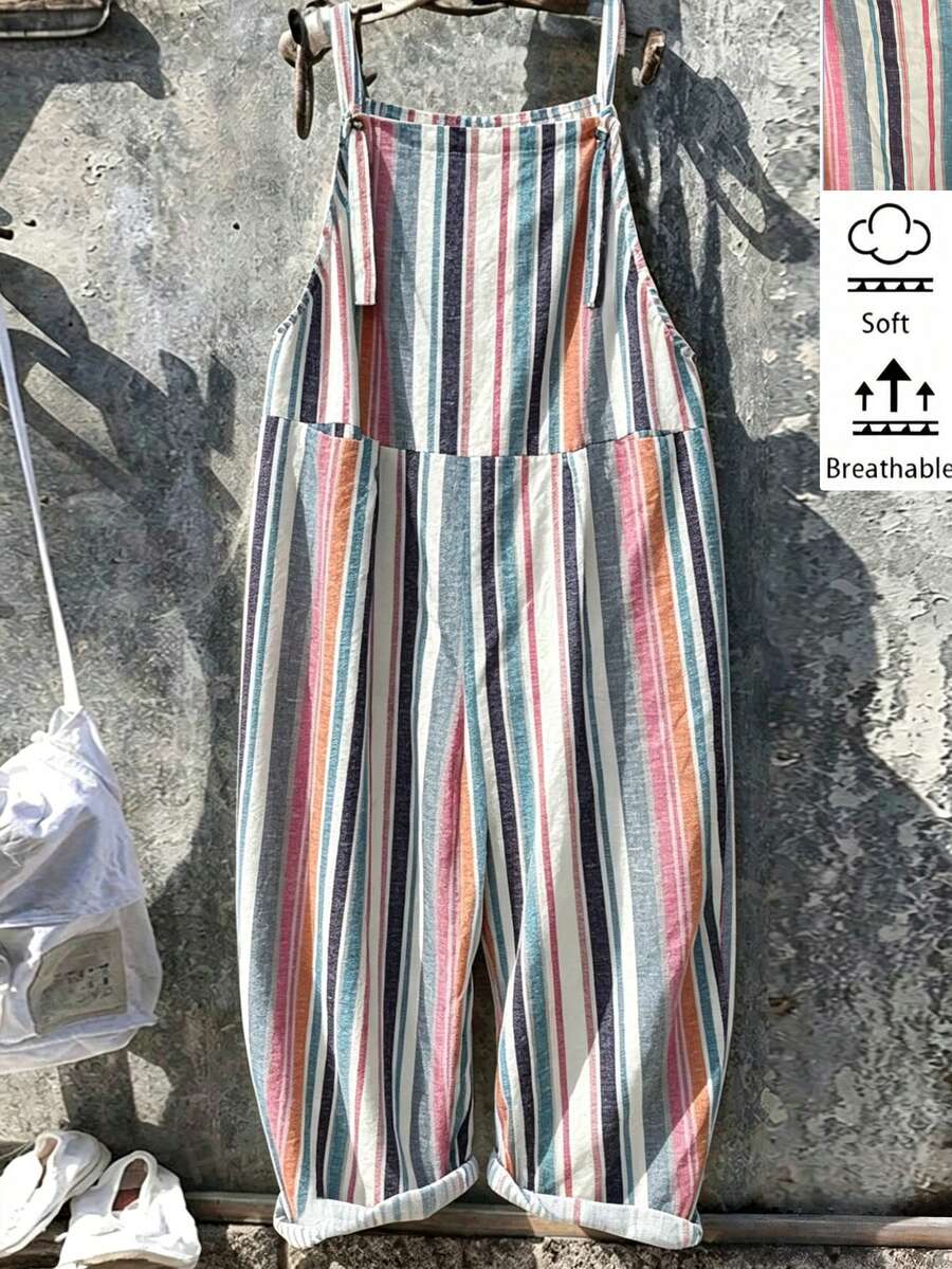 EMERY ROSE Plus Size Loose Minimalist Vertical Striped Tie Strap Jumpsuit, Casual Holiday Outfit - Multicolor - View 1